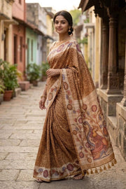 Beige Kalamkari Print Semi Tussar Silk Saree 10077284