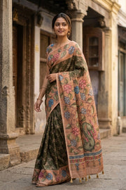 Dark Green Printed Semi Tussar Silk Saree 10077254