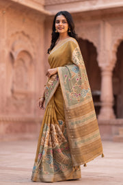 Beige Printed Semi Tussar Silk Saree 10077986