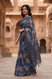 Blue Printed Semi Tussar Silk Saree 10077989