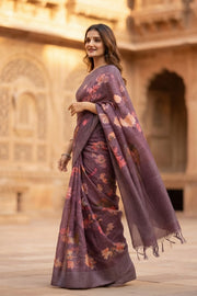 Purple Printed Semi Tussar Silk Saree 10077990