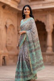 Green Printed Semi Linen Saree 10077980