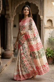 Cream Handloom Jamdani Cotton Saree With Floral Motifs 10077543