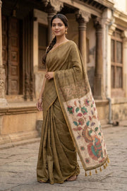 Green Kalamkari Printed Semi linen Saree 10077246