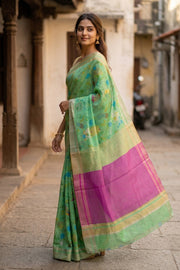 Green Bird Motifs Chanderi Printed Silk Cotton Saree 10077370