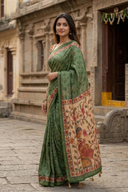 Green Bandhani Print Semi Linen Saree 10077258