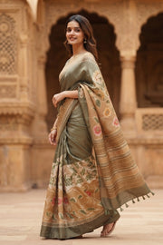 Olive Green Printed Semi Tussar Silk Saree 10077985