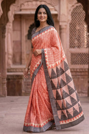 Red Printed Semi Linen Saree with 10077981
