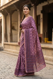 Purple Printed Semi Tussar Silk Saree 10077250