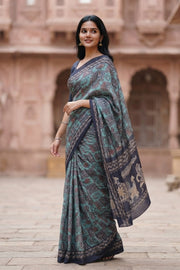 Green Printed Semi Linen Saree 10077982