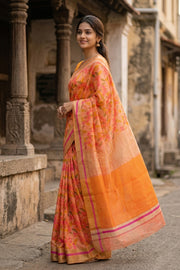 Orange Floral Motifs Chanderi Printed Silk Cotton Saree 10077366