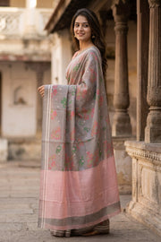 Grey Parrot Motifs Chanderi Printed Silk Cotton Saree 10077357