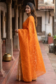 Orange Handloom Jamdani Cotton Saree with Floral Motifs 10077528