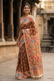 Dark Brown Printed Semi Tussar Silk Saree 10077252