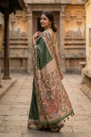 Green Kalamkari Print Semi Tussar Silk Saree 10077262
