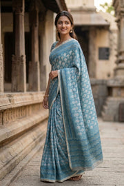 Teal Green Printed Semi Tussar Silk Saree 10077248
