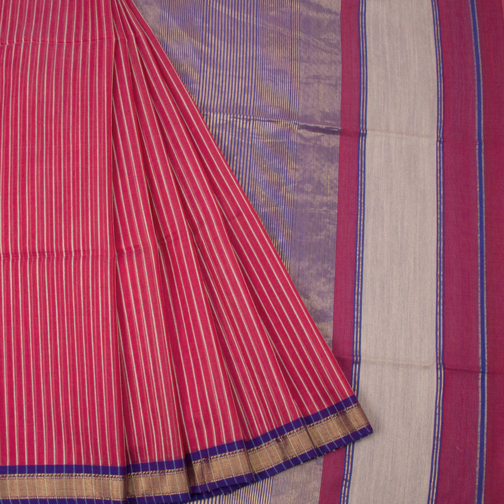 Hibiscus Pink Handloom Maheswari Silk Cotton Saree 10062614