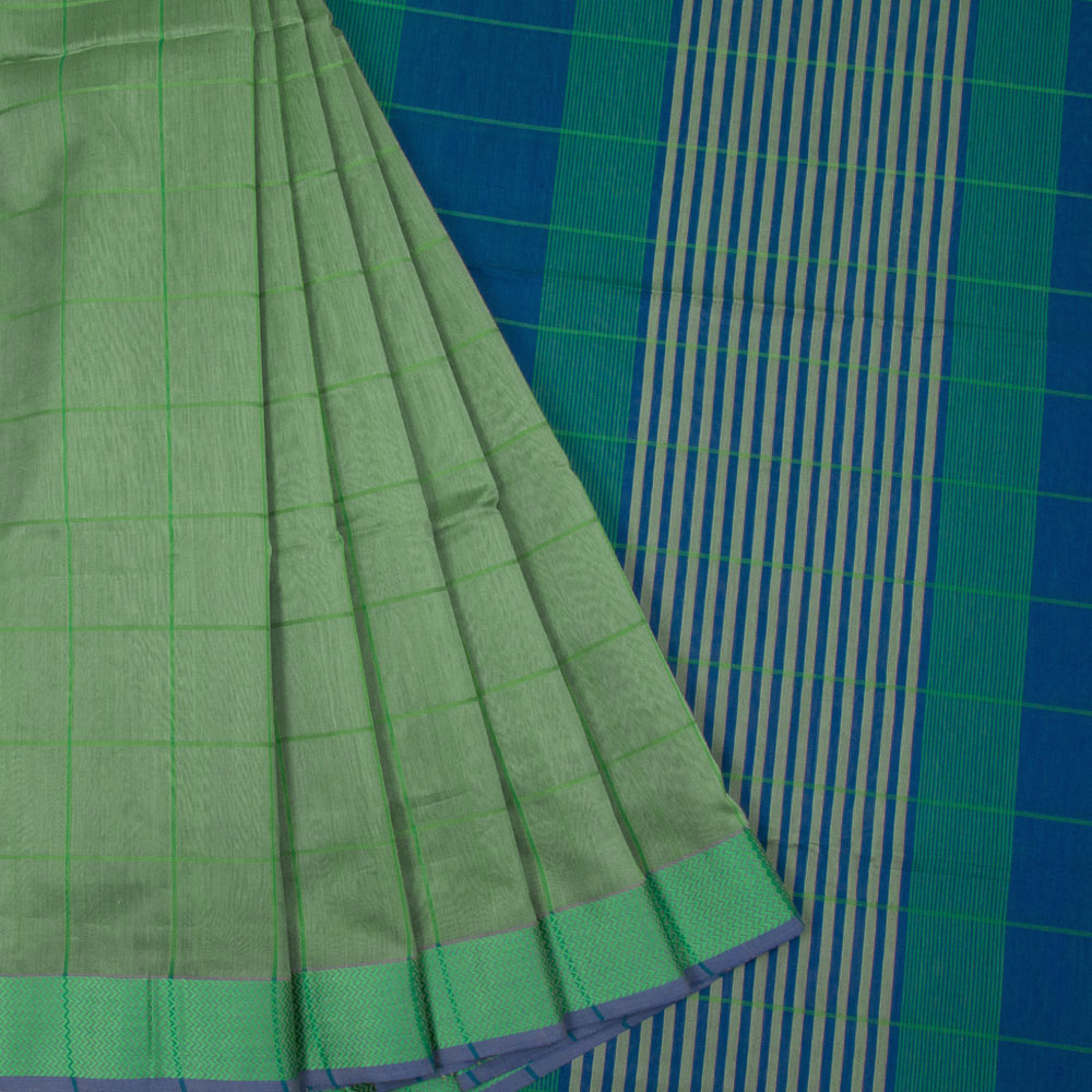Spanish Green Handloom Maheswari Silk Cotton Saree 10062629