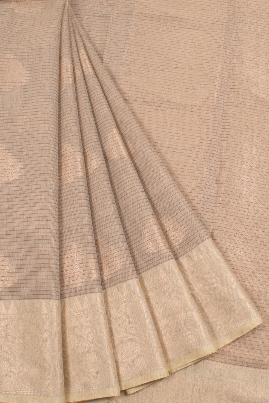 Banarasi Cotton Saree with Stripes Design, Floral Motifs and Brocade Blouse