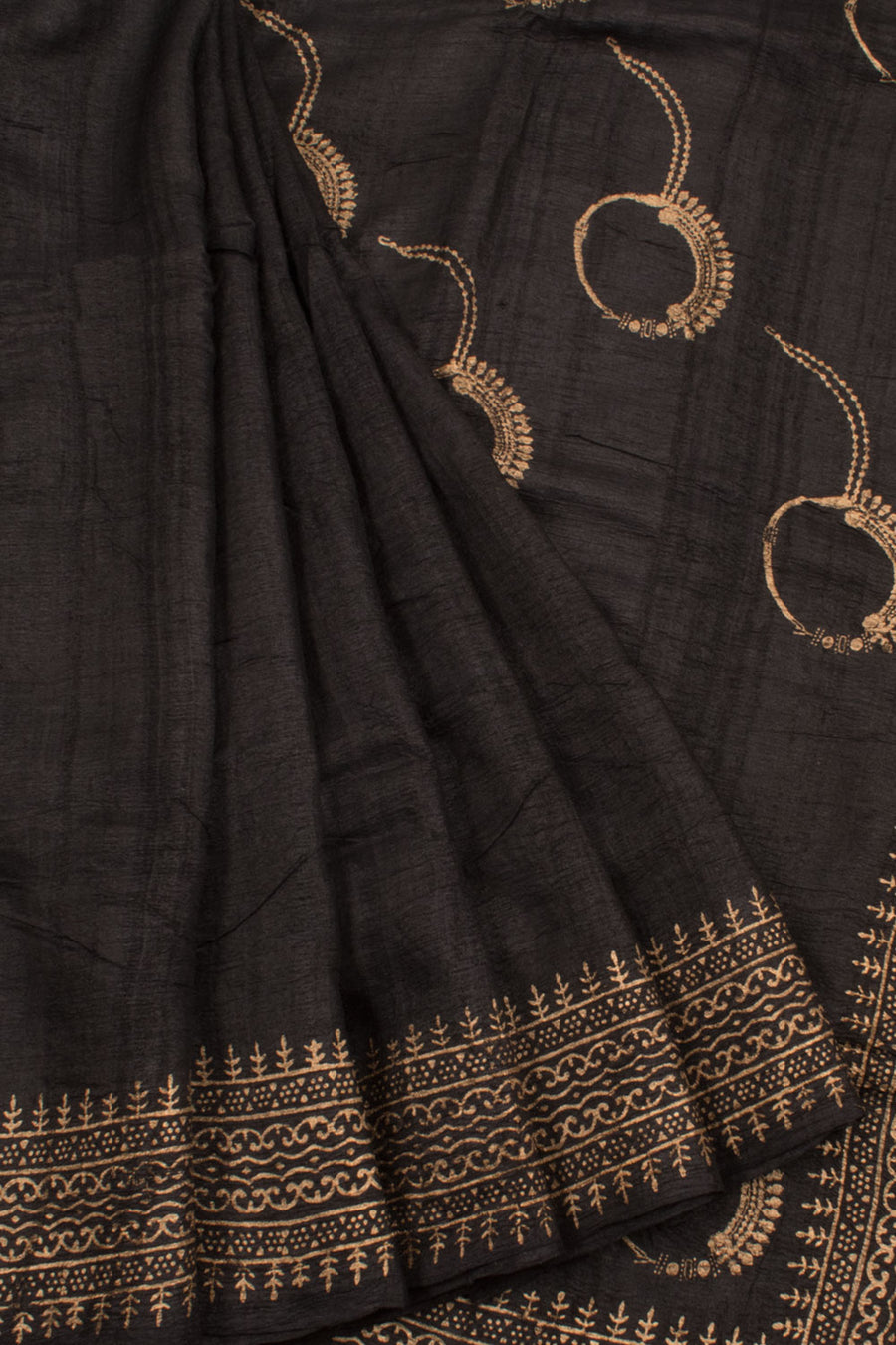 Hand Block Printed Tussar Silk Saree with Nose Ring Motifs Pallu and Fancy Tassels