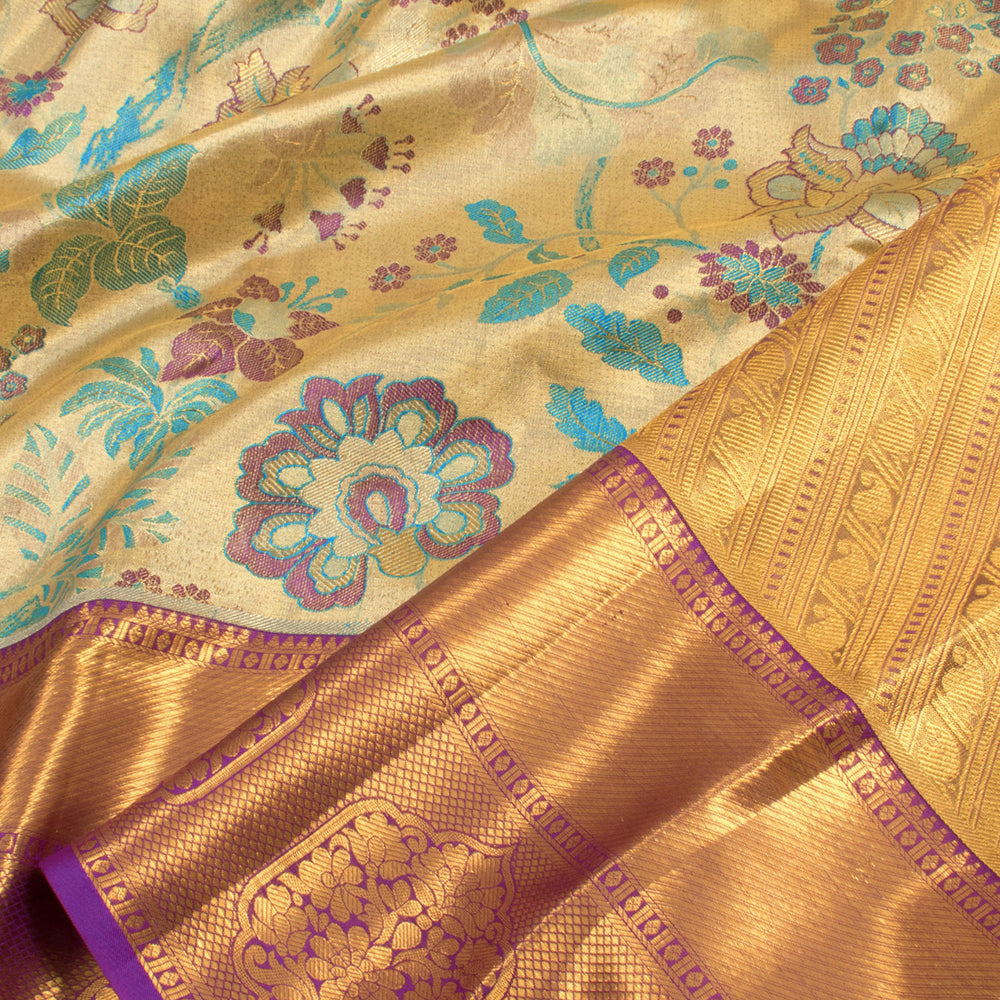 Handloom Pure Silk Bridal Jacquard Kanjivaram Tissue Saree with Floral Design and Diamond Bavanji Border