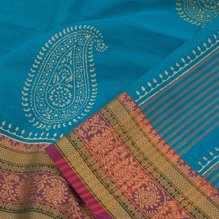 Hand Block Printed Chettinad Cotton Saree with Paisley Motifs and Floral Rudhraksh Border 