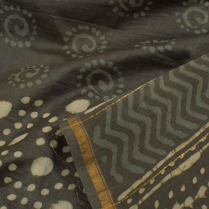 Dabu Printed Chanderi Silk Cotton Saree with Geometric Motifs and Stripes Border