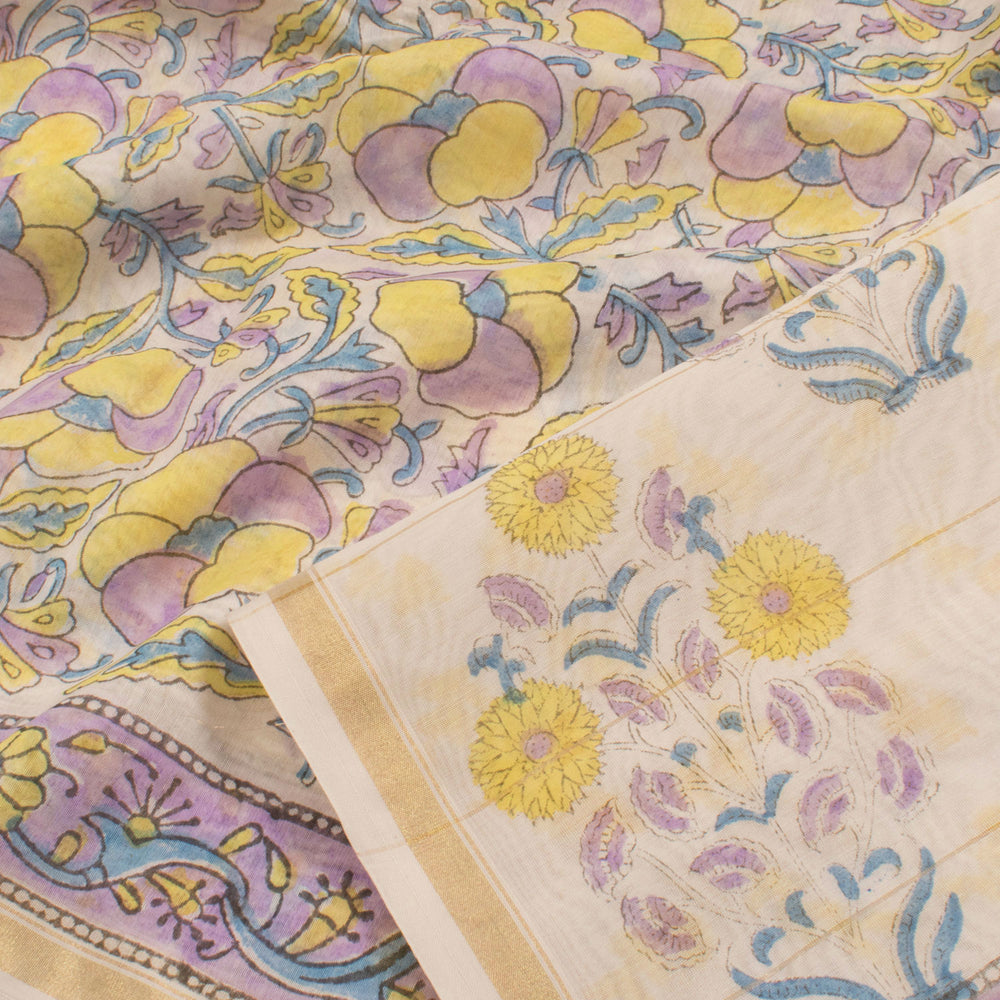 Dabu Printed Chanderi Silk Cotton Saree with Floral Design and Zari Border