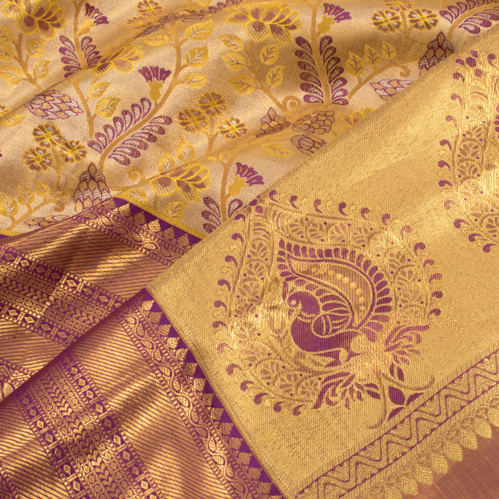 Handloom Pure Tissue Silk Bridal Jacquard Kanjivaram Saree with Kodimalar Design and Peacock Border