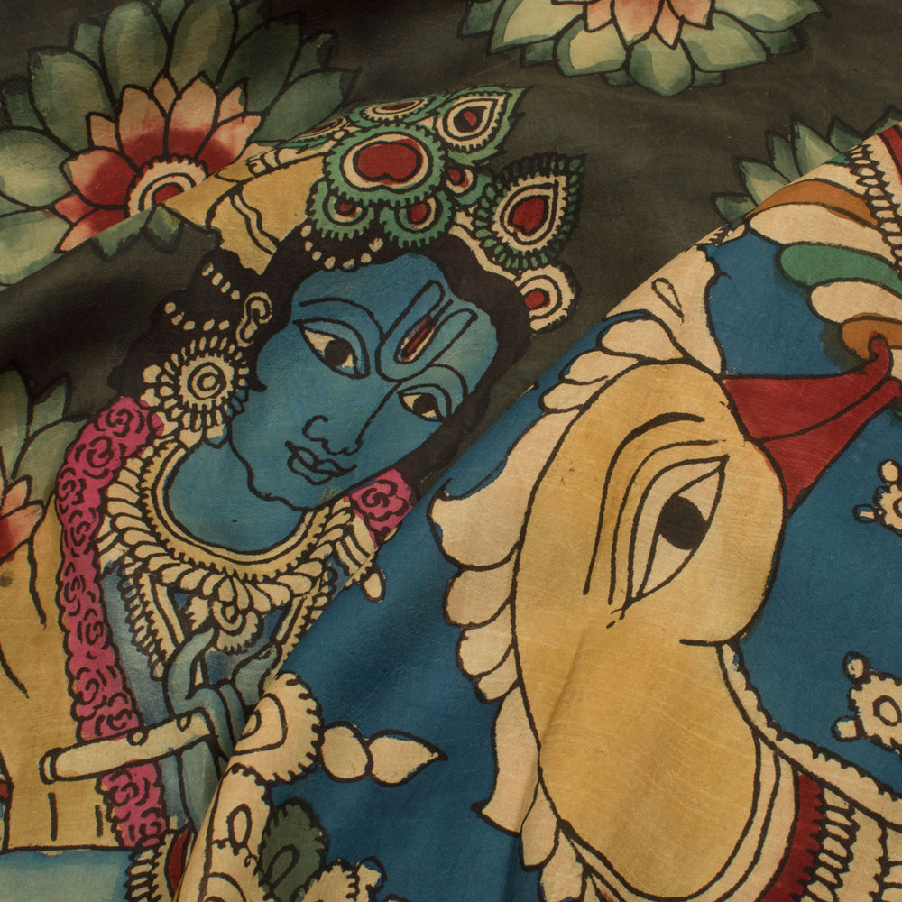 Hand Painted Pen Kalamkari Kanjivaram Silk Saree with Lord Krishna Floral Motifs and Peacock Pallu