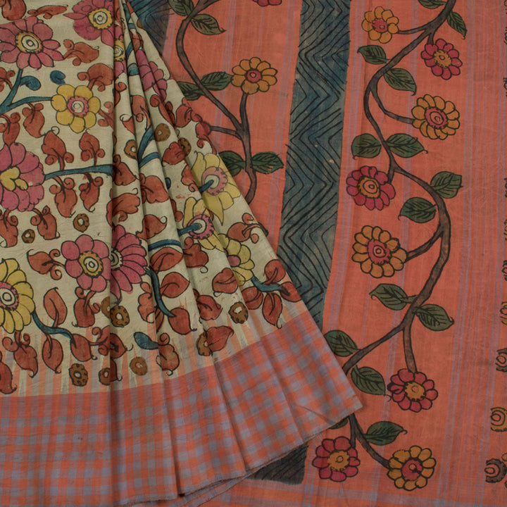 Hand Painted Pen Kalamkari Pure Zari Kanjivaram Silk Saree with Floral Design and Checks Border