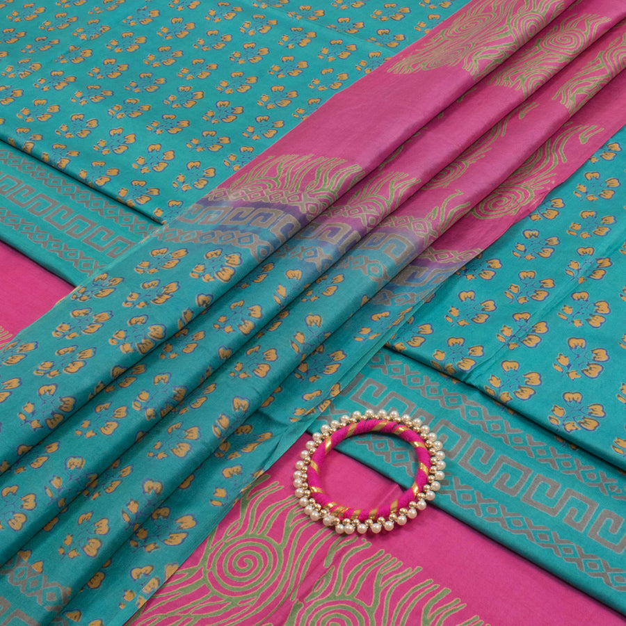 Printed Bhagalpur Silk 3-Piece Salwar Suit Material with Matching Bangle