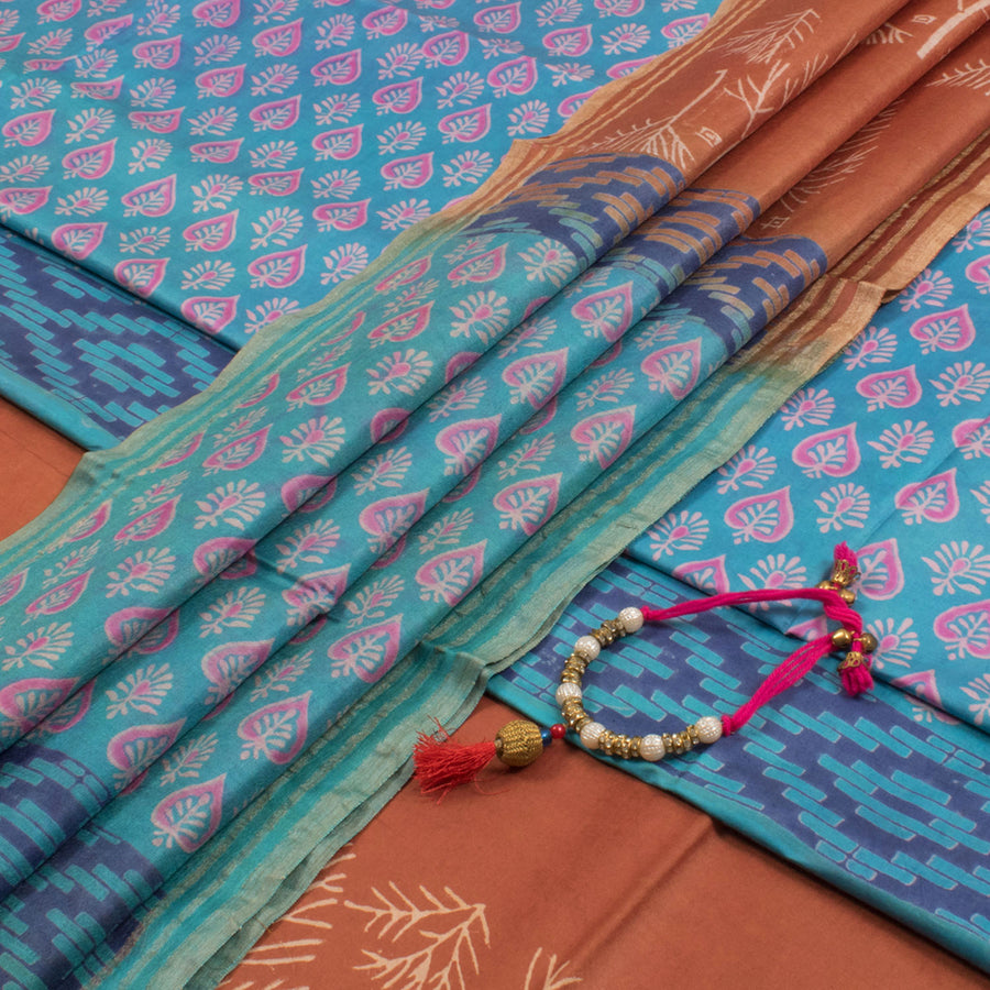 Printed Bhagalpur Silk 3-Piece Salwar Suit Material with Matching Bracelet