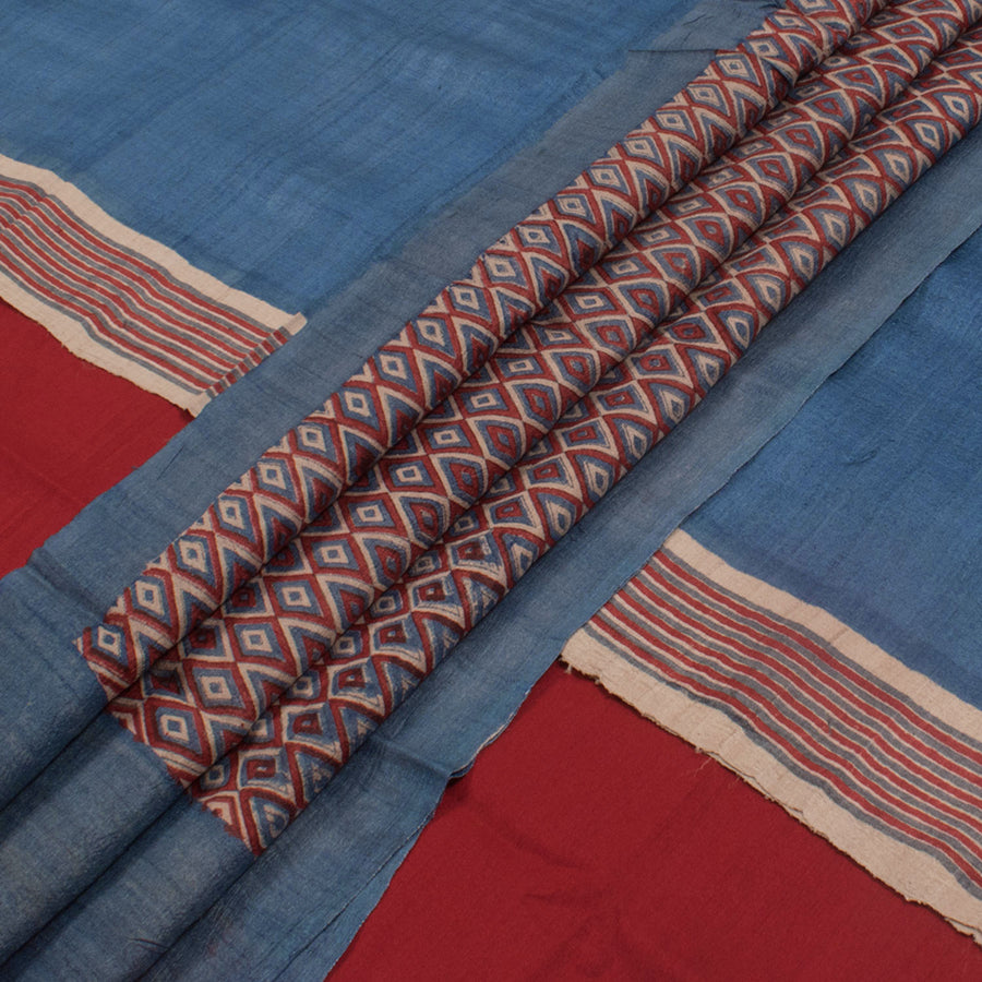 Hand Block Printed Tussar Silk 3-Piece Salwar Suit Material with Geometric Motifs Dupatta