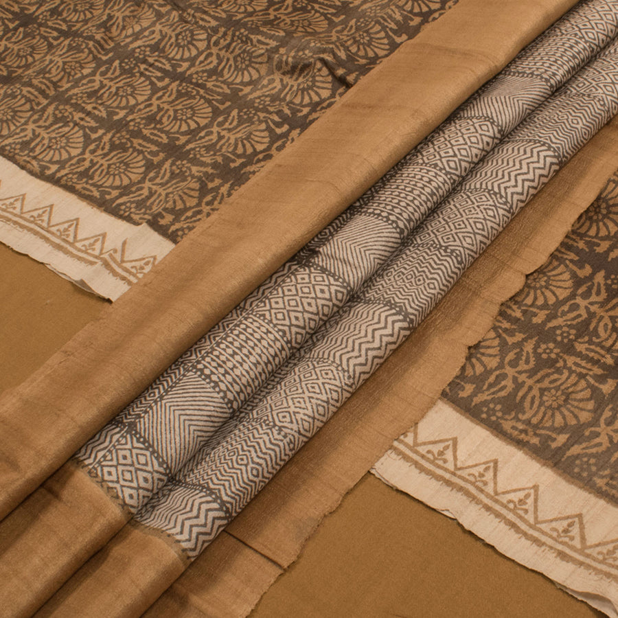 Hand Block Printed Tussar Silk 3-Piece Salwar Suit Material with Geometric Motifs Dupatta 