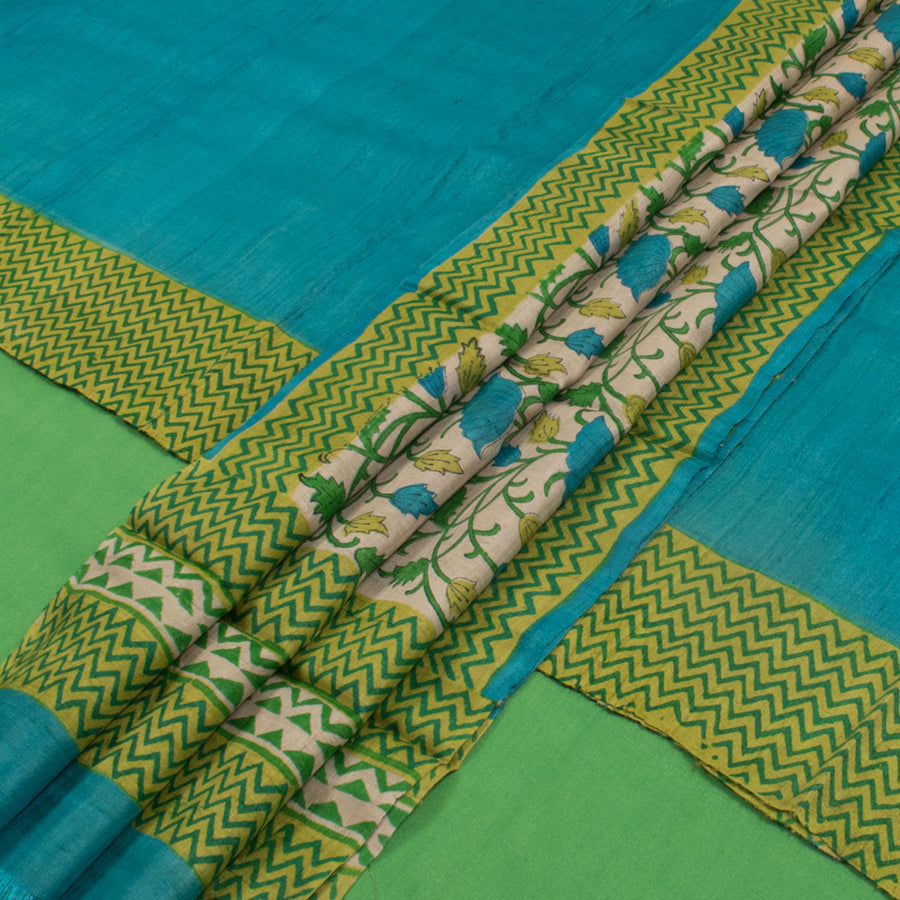 Hand Block Printed Tussar Silk 3-Piece Salwar Suit Material with Floral Motifs Dupatta 