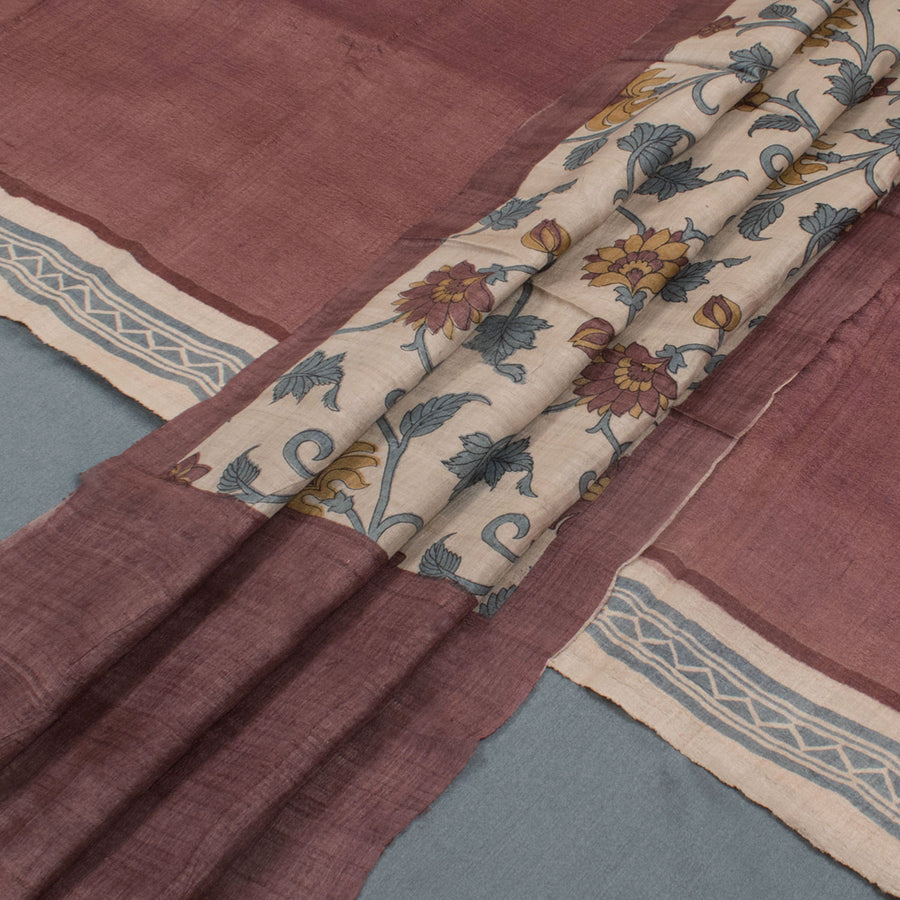 Hand Block Printed Tussar Silk 3-Piece Salwar Suit Material with Floral Motifs Dupatta 