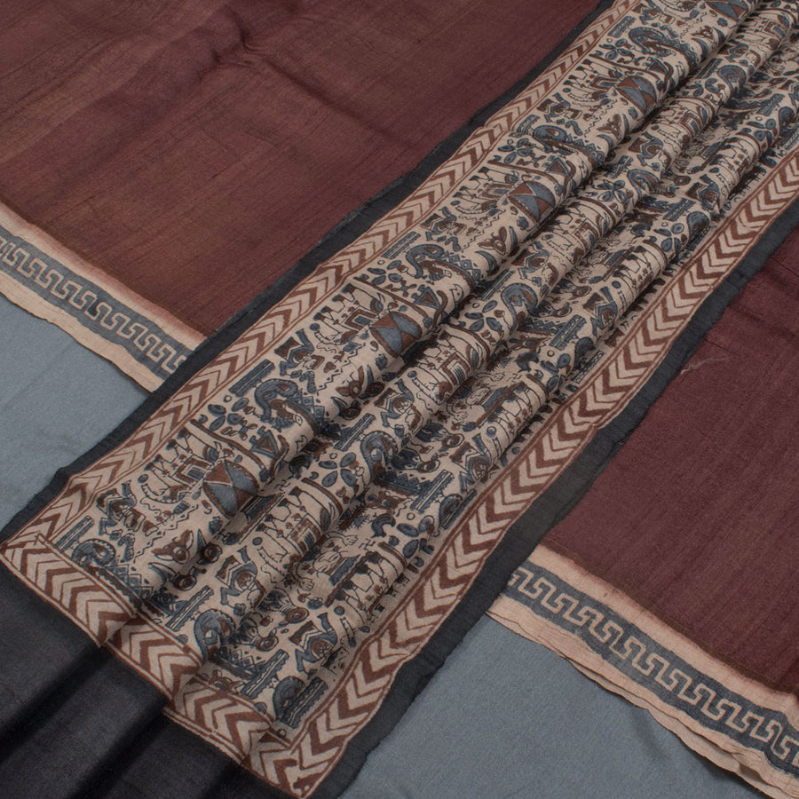 Hand Block Printed Tussar Silk 3-Piece Salwar Suit Material with Warli Motifs Dupatta
