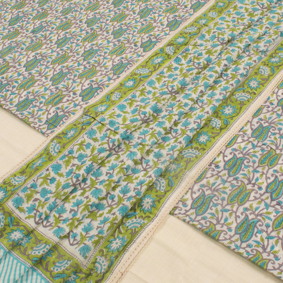 Hand Block Printed Mulmul Cotton 3-Piece Salwar Suit Material with Crochet Border Dupatta