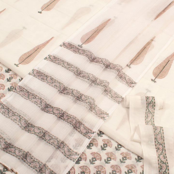 Hand Block Printed Mulmul Cotton 3-Piece Salwar Suit Material with Kota Dupatta and Detached Border 