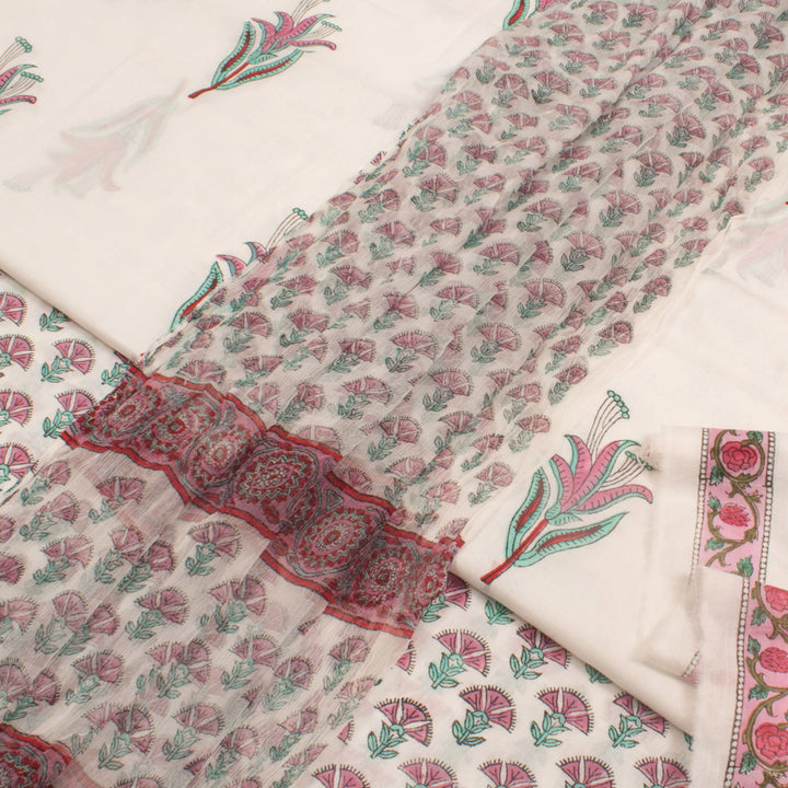 Hand Block Printed Mulmul Cotton 3-Piece Salwar Suit Material with Chiffon Dupatta and Detached Border