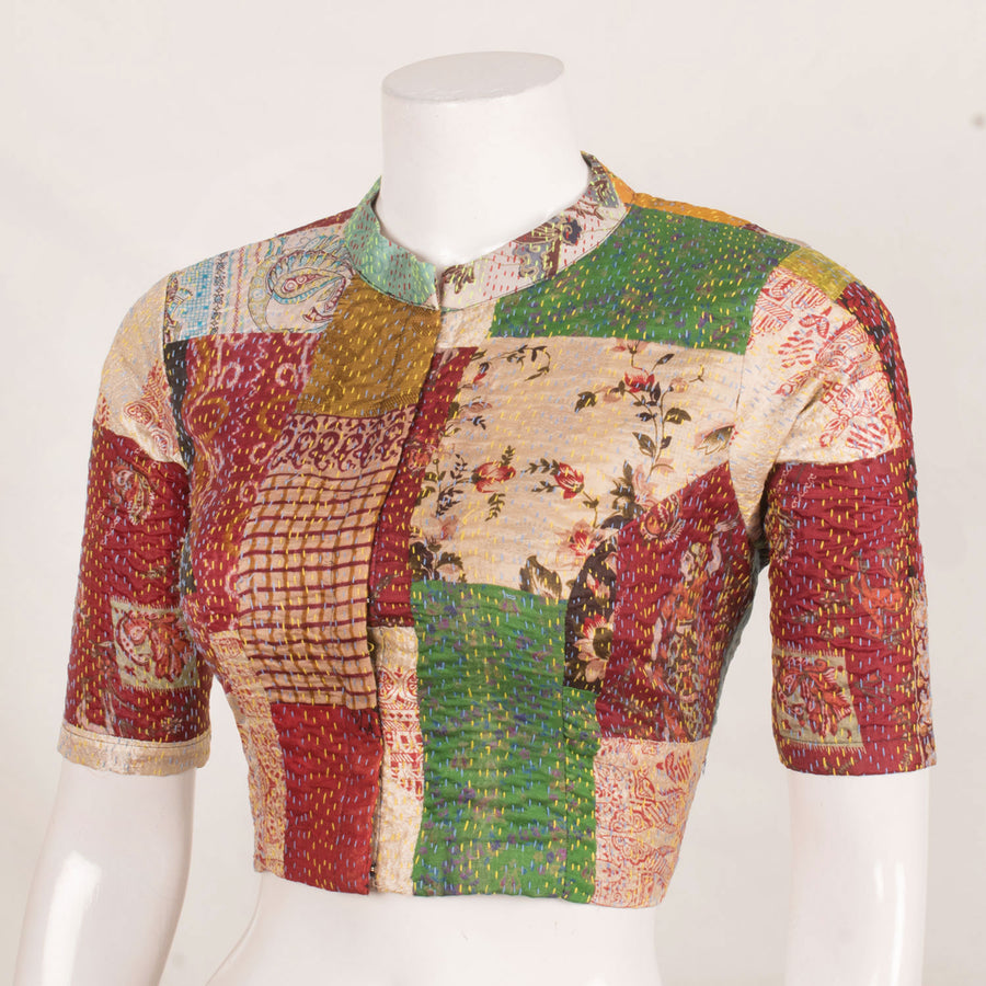 Handcrafted Multicolour Patchwork Silk Blouse with Kantha Embroidery and Collar Neck 