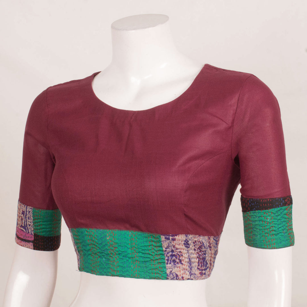 Handcrafted Multicolour Patchwork Silk Cotton Blouse with Kantha Embroidery Sleeve, Waist and Side Zip