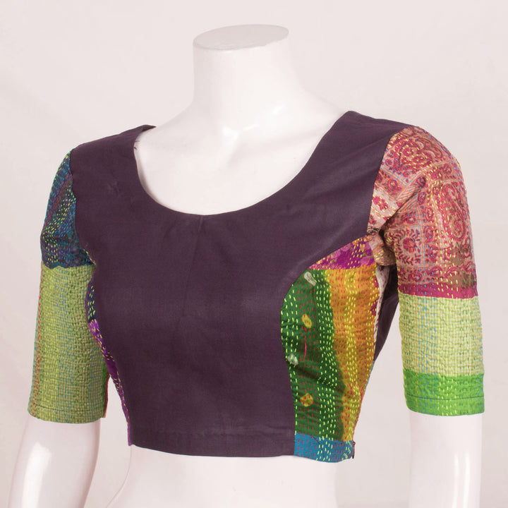 Handcrafted Princess cut Multicolour Patchwork Silk Cotton Blouse with Kantha Embroidery, Tie-Up Back and Side Zip