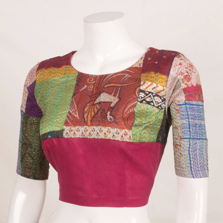 Handcrafted Multicolour Patchwork Silk Cotton Blouse with Kantha Embroidery, Keyhole Back and Side Zip 