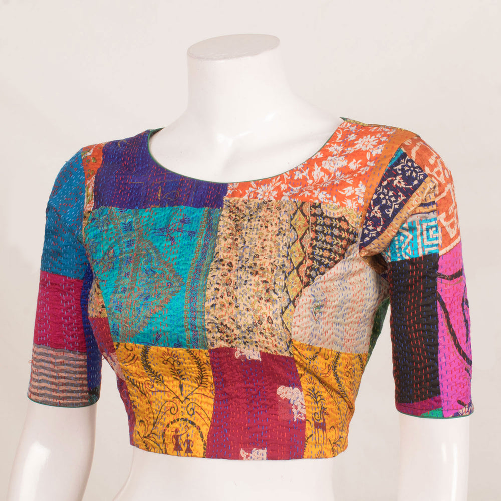 Handcrafted Multicolour Patchwork Silk Blouse with Kantha Embroidery, Tie-Up Back and Side Zip
