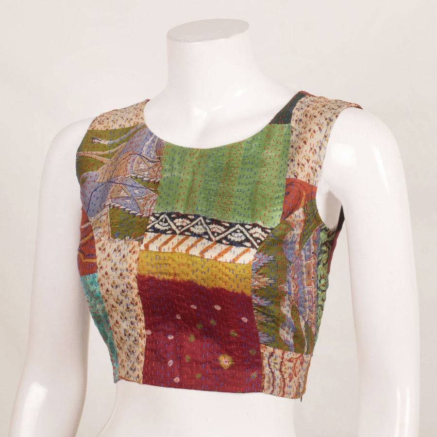 Handcrafted Multicolour Patchwork Sleeveless Silk Blouse with Kantha Embroidery and Side Zip