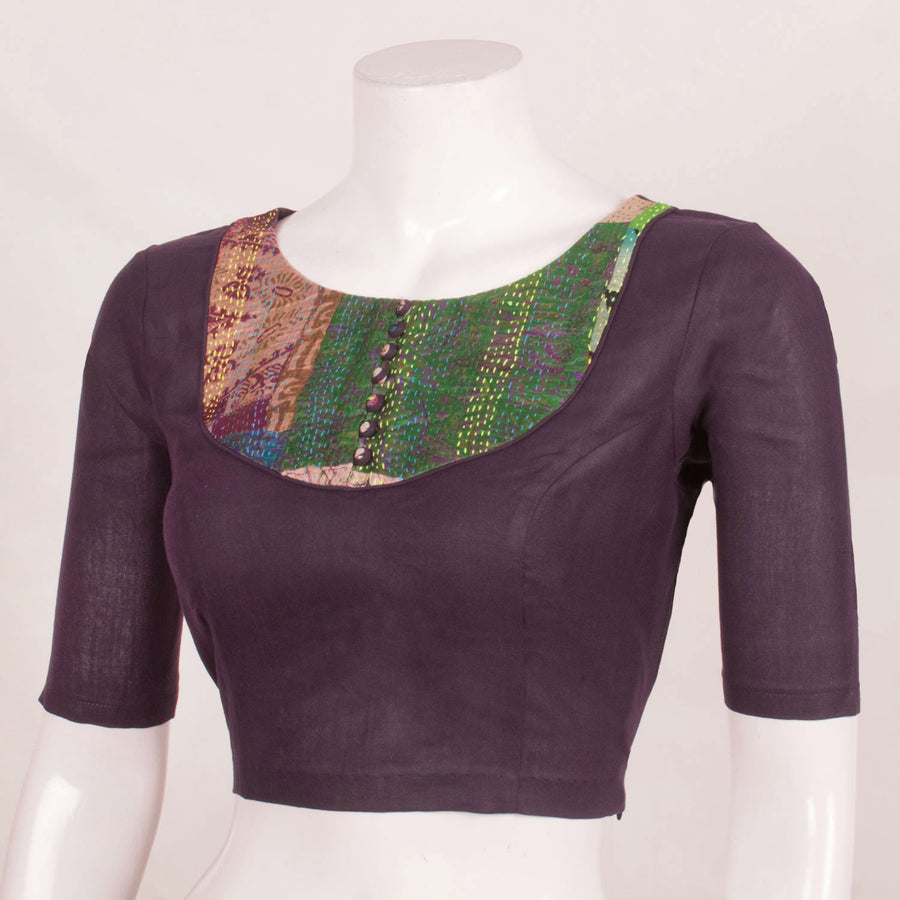 Handcrafted Silk Cotton Blouse with Kantha Embroidered Multicolour Patchwork Yoke and Side Zip