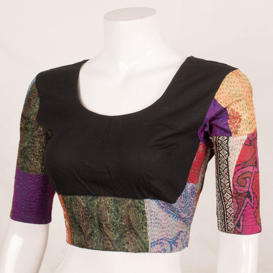 Handcrafted Multicolour Patchwork Silk Cotton Blouse with Kantha Embroidery, Tie-Up Back and Side Zip
