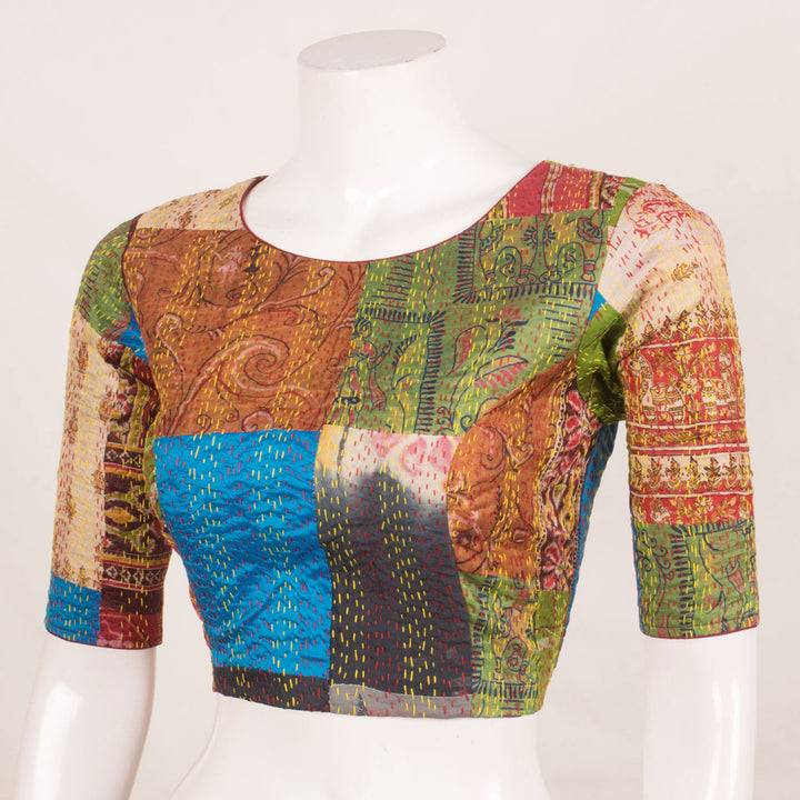 Handcrafted Multicolour Patchwork Silk Cotton Blouse with Kantha Embroidery and Oval Back 